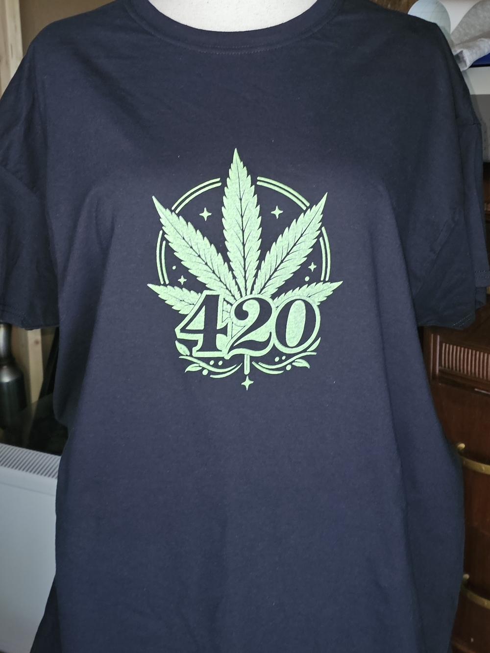 Black Short-Sleeve Tee with Green 420 Leaf Graphic